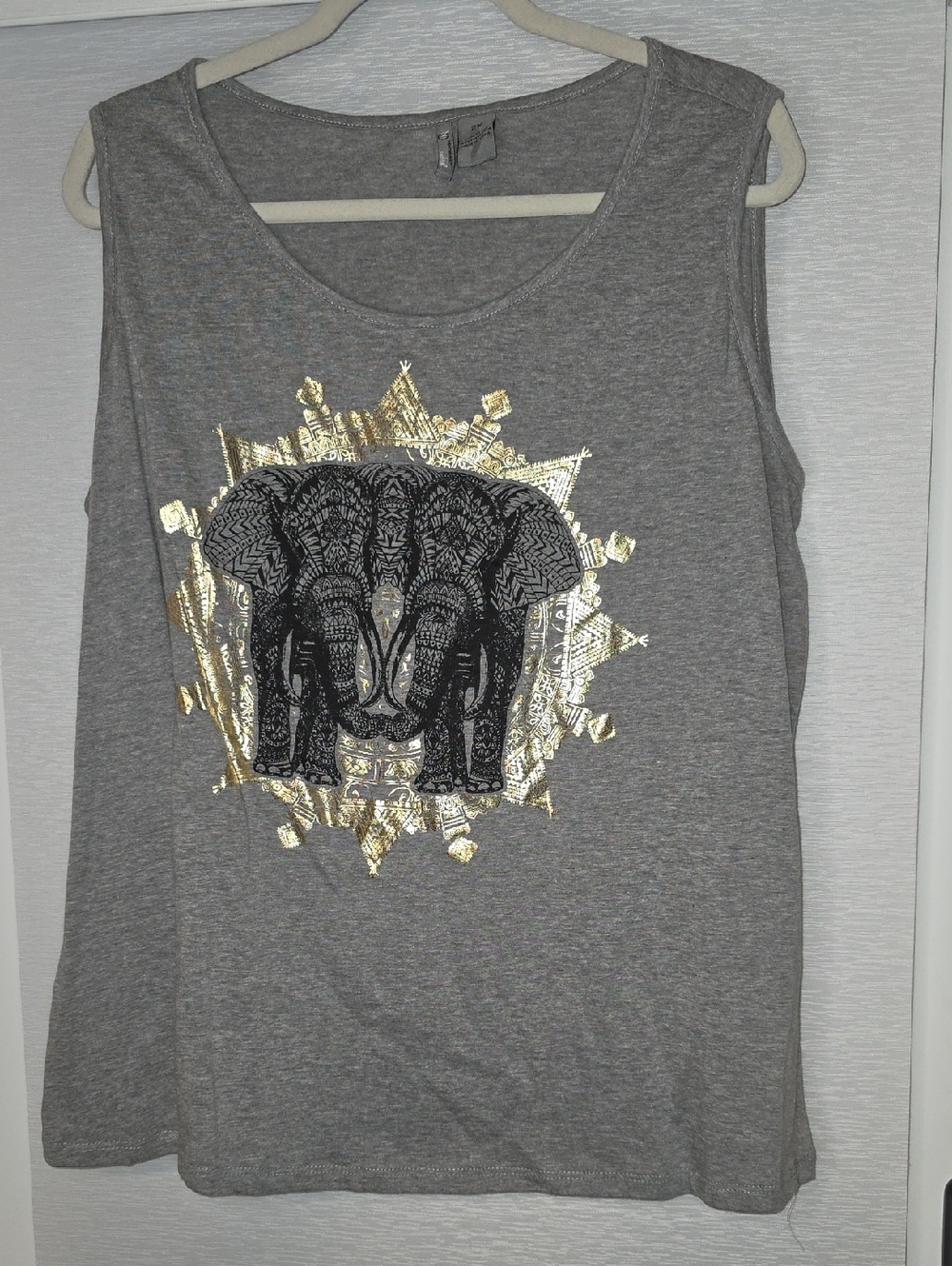 Merona Gray Tank Top with Gold Accent and Black Elephant Graphic